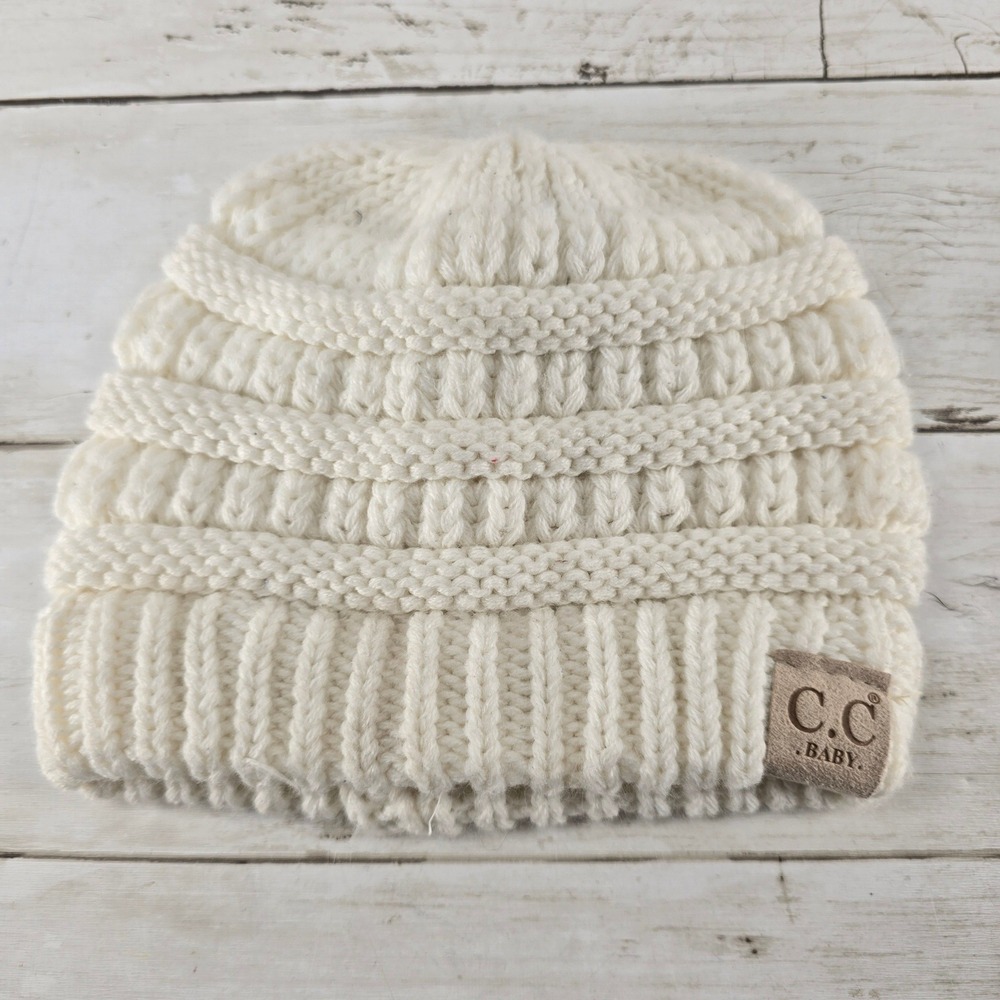 C.C‎ Baby Beanie Cream Off White Cable Knit Winter Hat Infant Toddler CC Logo